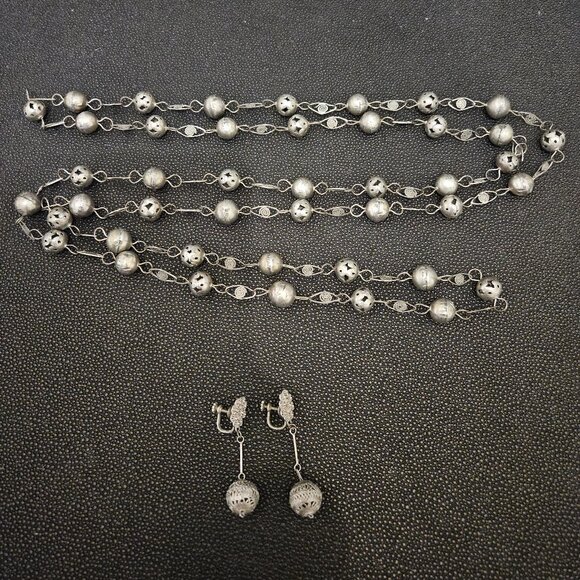 CANNETILLE FILIGREE BALL & LASSO WEDDING NECKLACE WITH MATCHING CLIP-ON EARRINGS - Picture 2 of 13